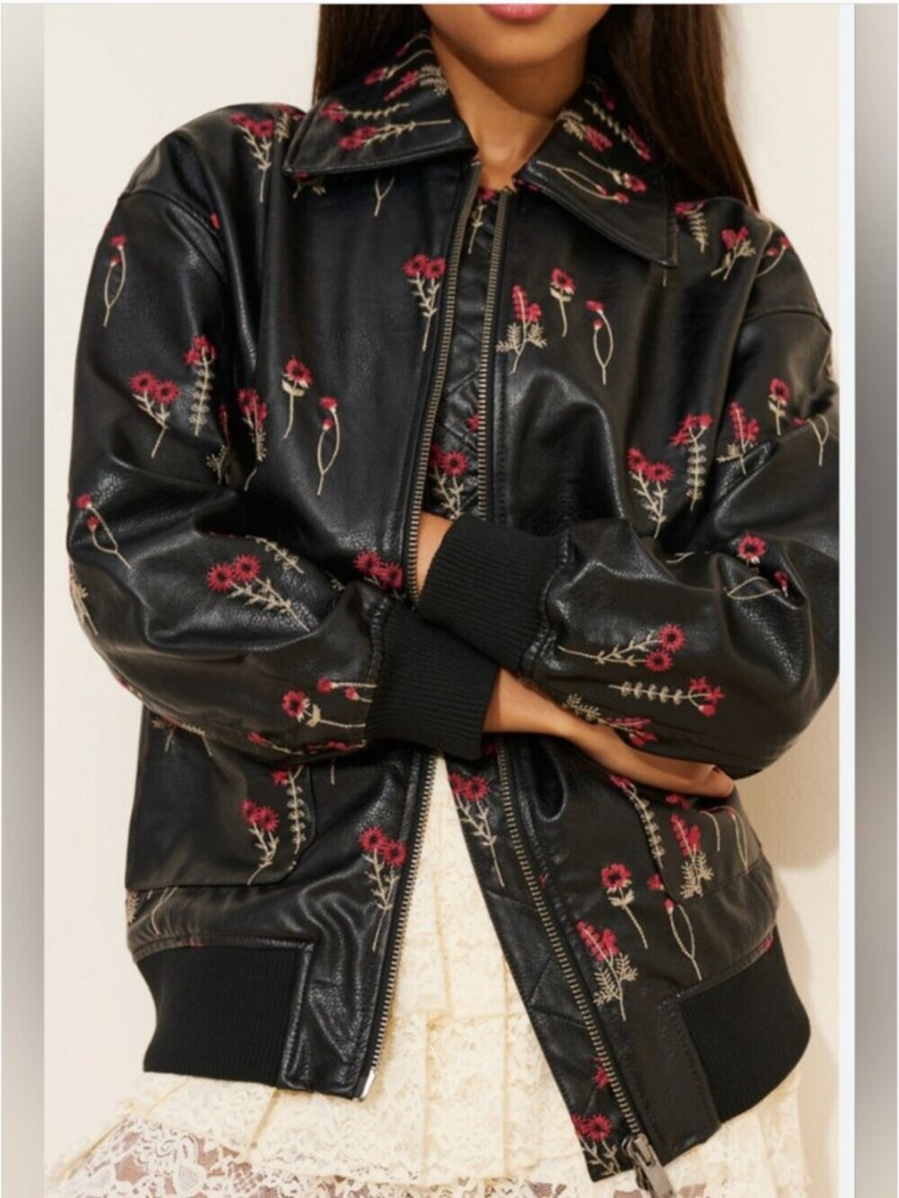 Anthropologie Maeve Vegan Faux Leather Black Floral Embroidered Bomber Jacket XS